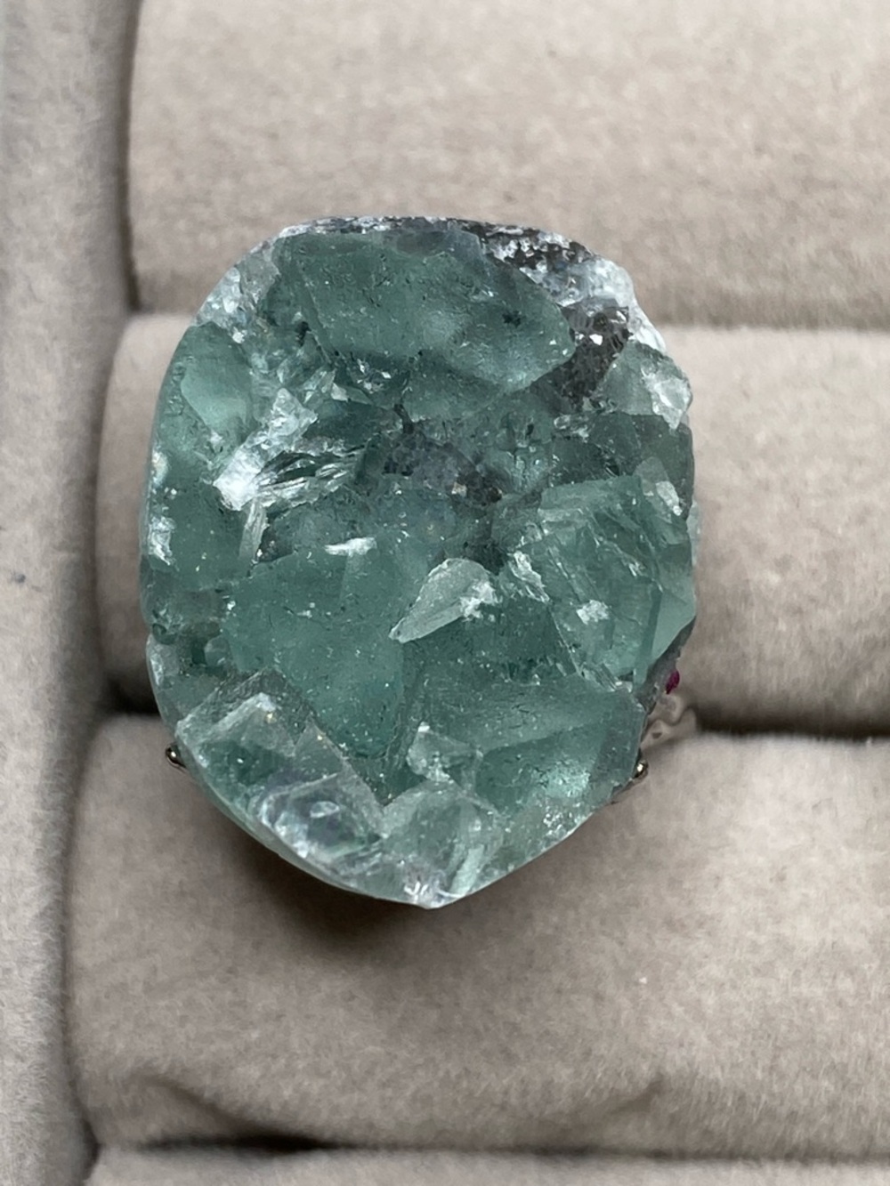 Green Fluorite Cluster Ring • Raw Emerald-Hued Crystal • Geometric Statement